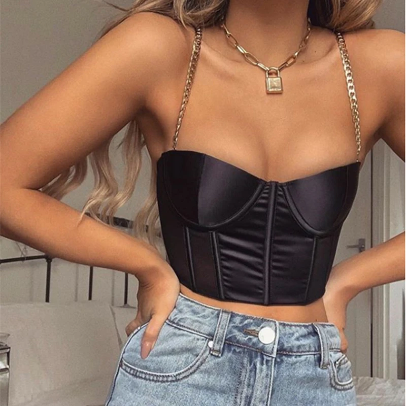 

Chain Spagetti Strap Camisole Women Solid Color Vest Crop Tops Sexy Lady Low-cut Padded Short Camis Clubwear Summer Fashion Top