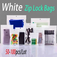 50 100pcs whiteclear zip lock plastic package bags with zipper self seal transparent ziplock poly small packaging bag hang hole