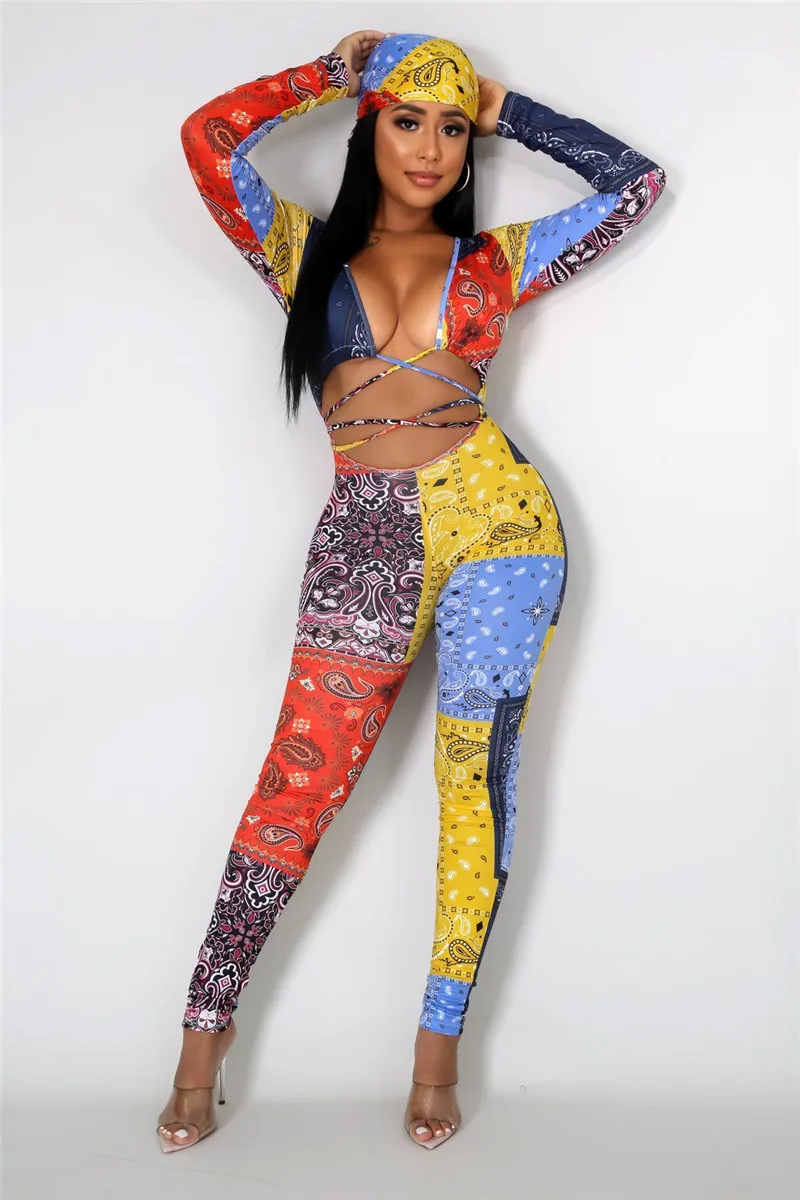 

ThornTree Hollow Out Jumpsuit Sexy Women 2020 Long Sleeve Low Cut Deep V-neck Print Patchwork Bodycon Romper One-piece Clubwear