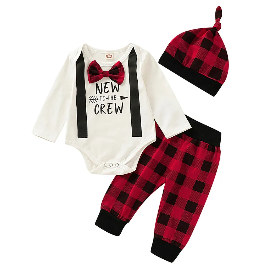 Fashion Newborn Baby Boy Girl Clothes Suit Gentlemen Bow Letter Bodysuit Plaid Pants Hat 3pcs Outfits Clothing For Set | Детская одежда