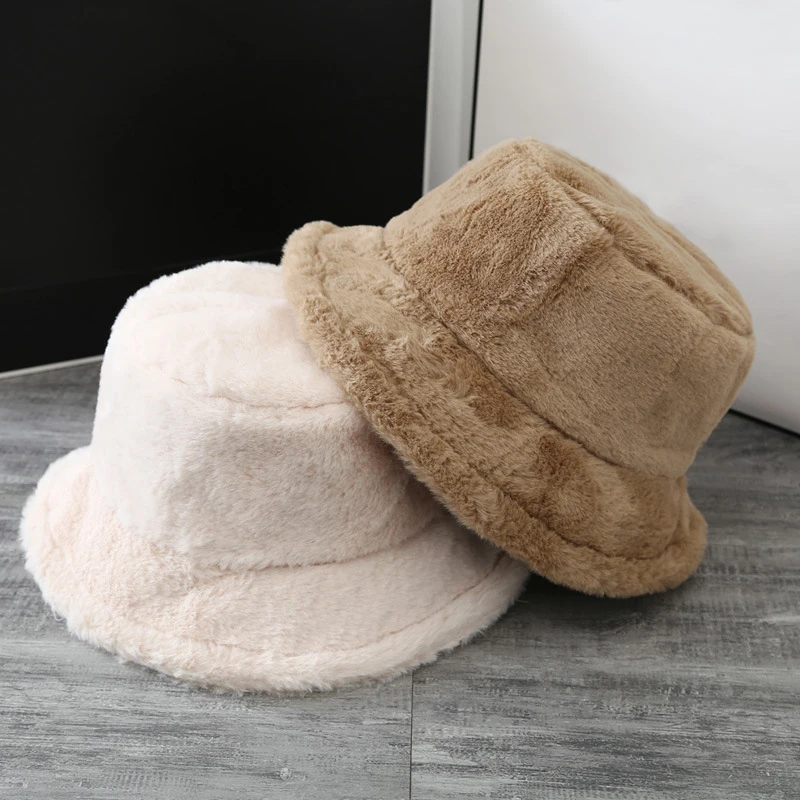 Faux Rabbit Fur Women's Hats Winter Warm Fluffy Plush Panama Flat Caps Soft Russian Female Fashion Fisherman's Hat Headgear