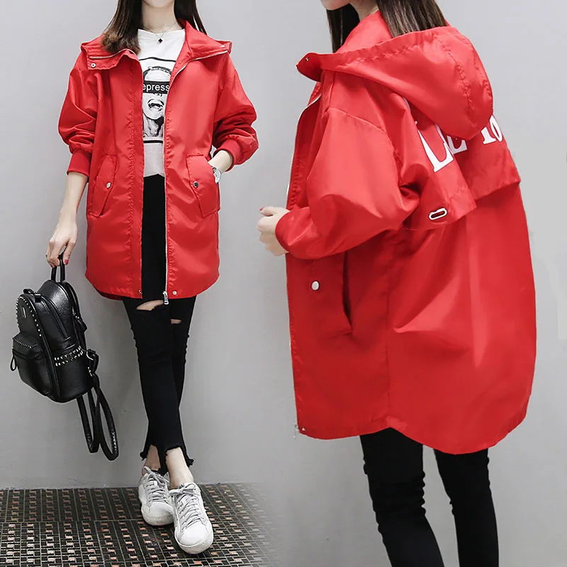 

Spring Autumn New Fashion Windbreaker Women Plus Size Korean Clothes Loose Mid-Length Hooded Trench Coat Ladies Tide 3XL S2272