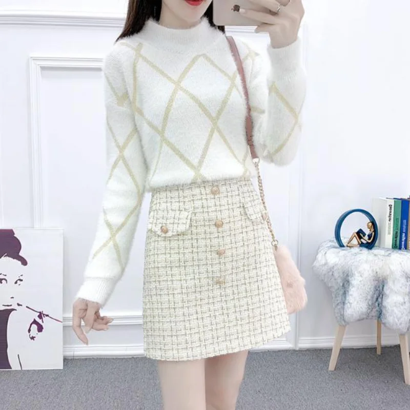 

Женский твидовый комплект из двух предметов, Однотонный свитер с длинным рукавом и мини-юбка А-силуэта, весна-осень 2022, Q266