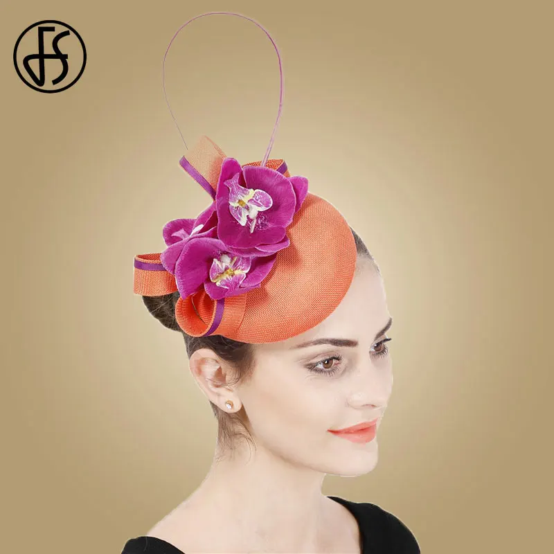 FS-sombreros de boda para mujer, gorros de Fedora de flores, grandes, de plumas púrpuras, para fiesta