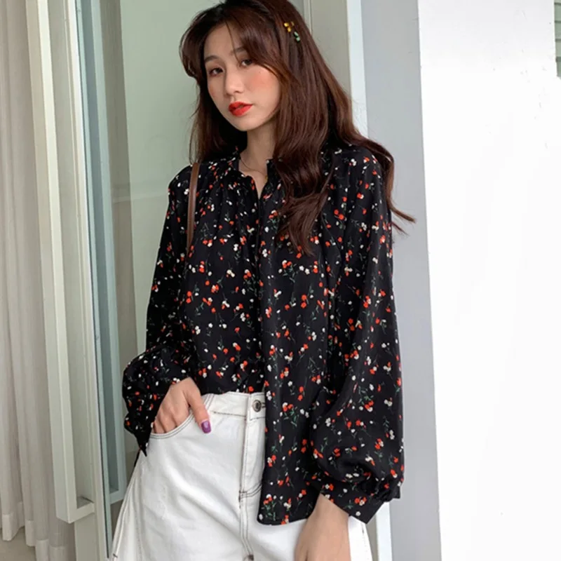 

Women's Floral Printing O Neck Single Breasted Chiffon Blouse Shirts 2021