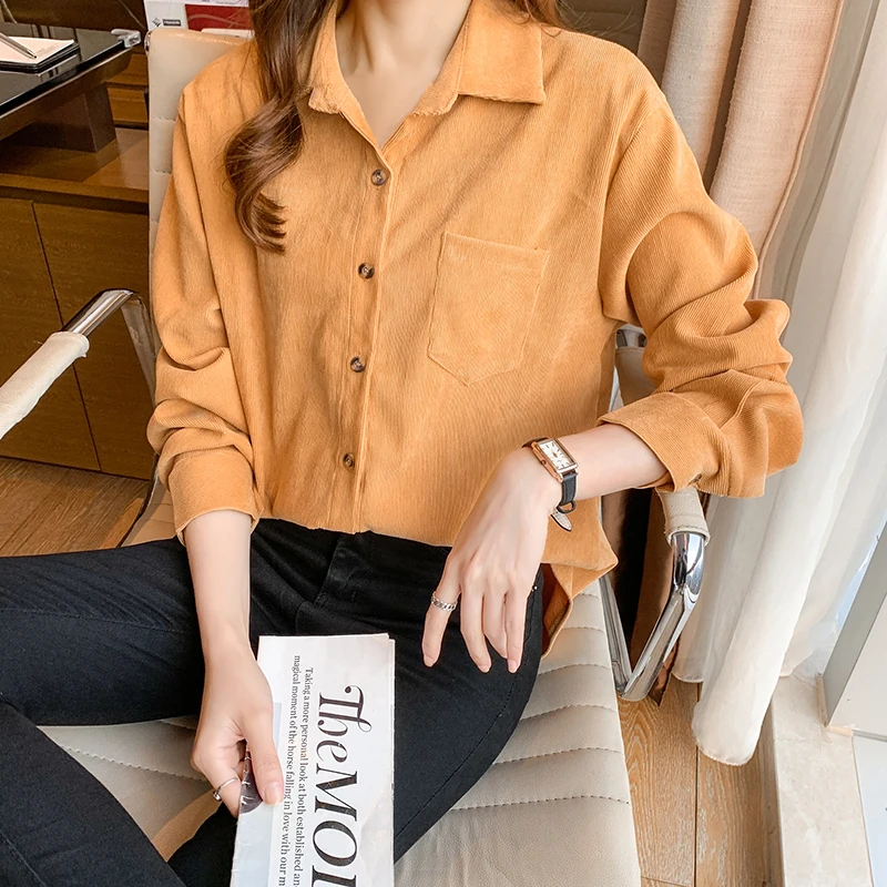 

Corduroy Loose Women's Shirts New Fashion Blouses Casual Long Sleeve Blusas Solid Color Polo Collar Shirts Autumn Houthion