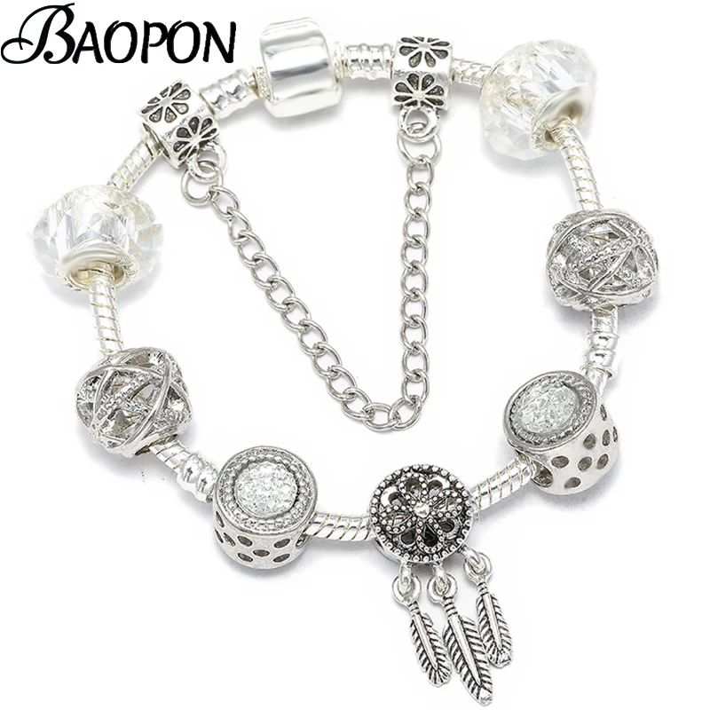 Женский браслет с подвесками в виде перьев ручной работы кулоном серебряного