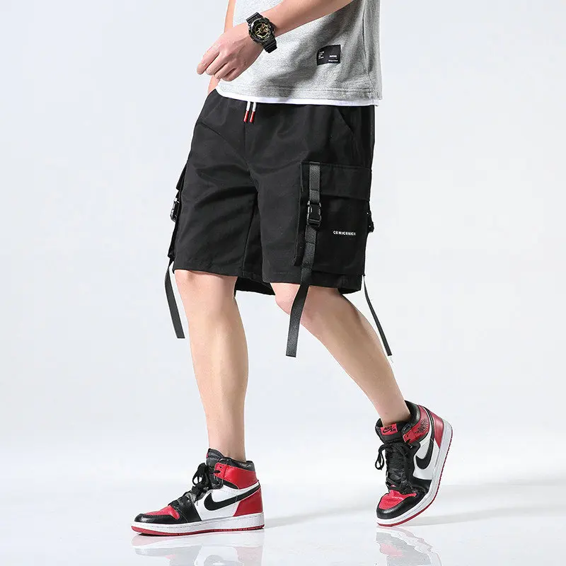 

Summer Streetwear Casual Shorts Men Cotton Knee Length Ribbons Cargo Men's Shorts Bermuda Hip Hop Male Shorts Homme Dropshipping