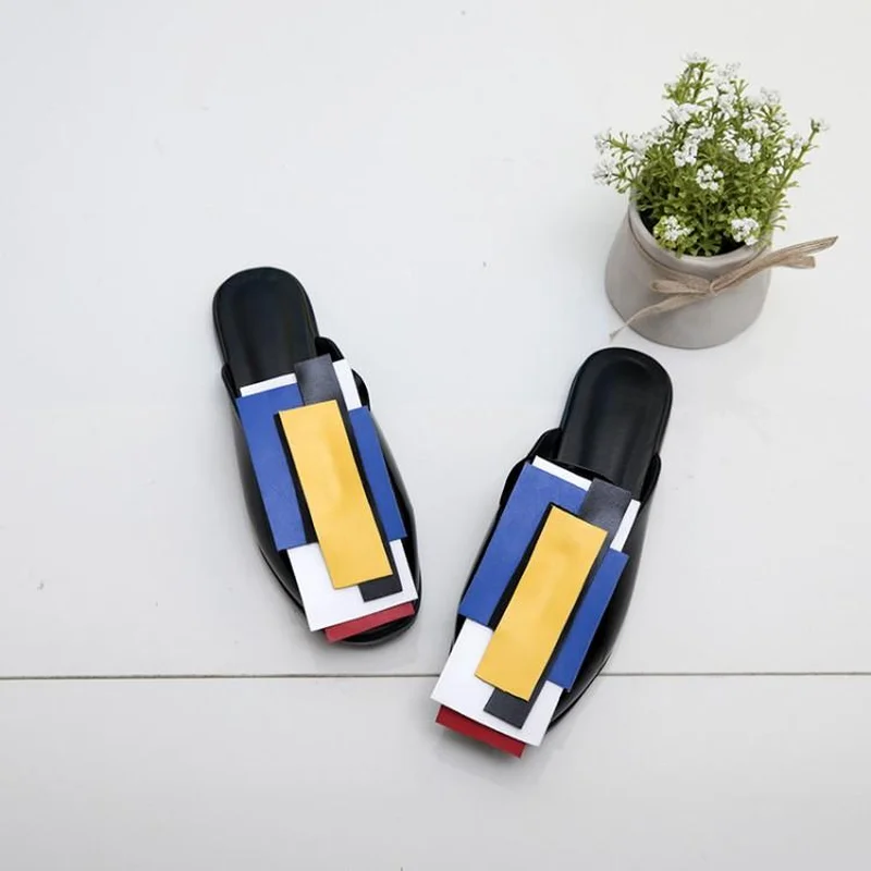 

Hot Sale US4-11 Womens Square Toe Match Colors Slipper Slingback Flats Slides PU Leather Shoes Baotou Mules Plus Size C352