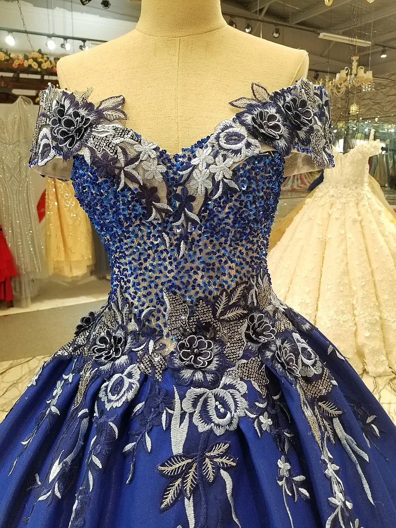 

CloverBridal fora do ombro pescoo V azul real vestido de 15 anos ball gown royal blue 50cm train quinceanera dresses