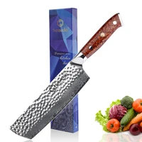 sunnecko 7 nakiri cleaver knife damascus steel hammer blade chef kitchen knives red chaff husk handle sharp meat cutter tool