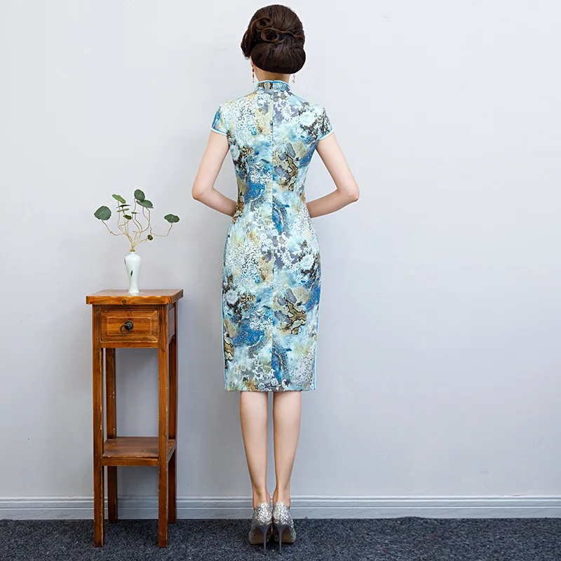 Китайский Стиль вечернее платье пикантное Чонсам Винтаж принт из сатина с