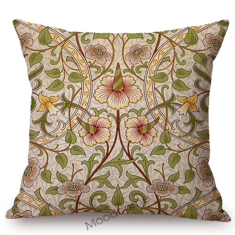 Наволочка для дивана с изображением цветов Морриса птиц из хлопка и льна в