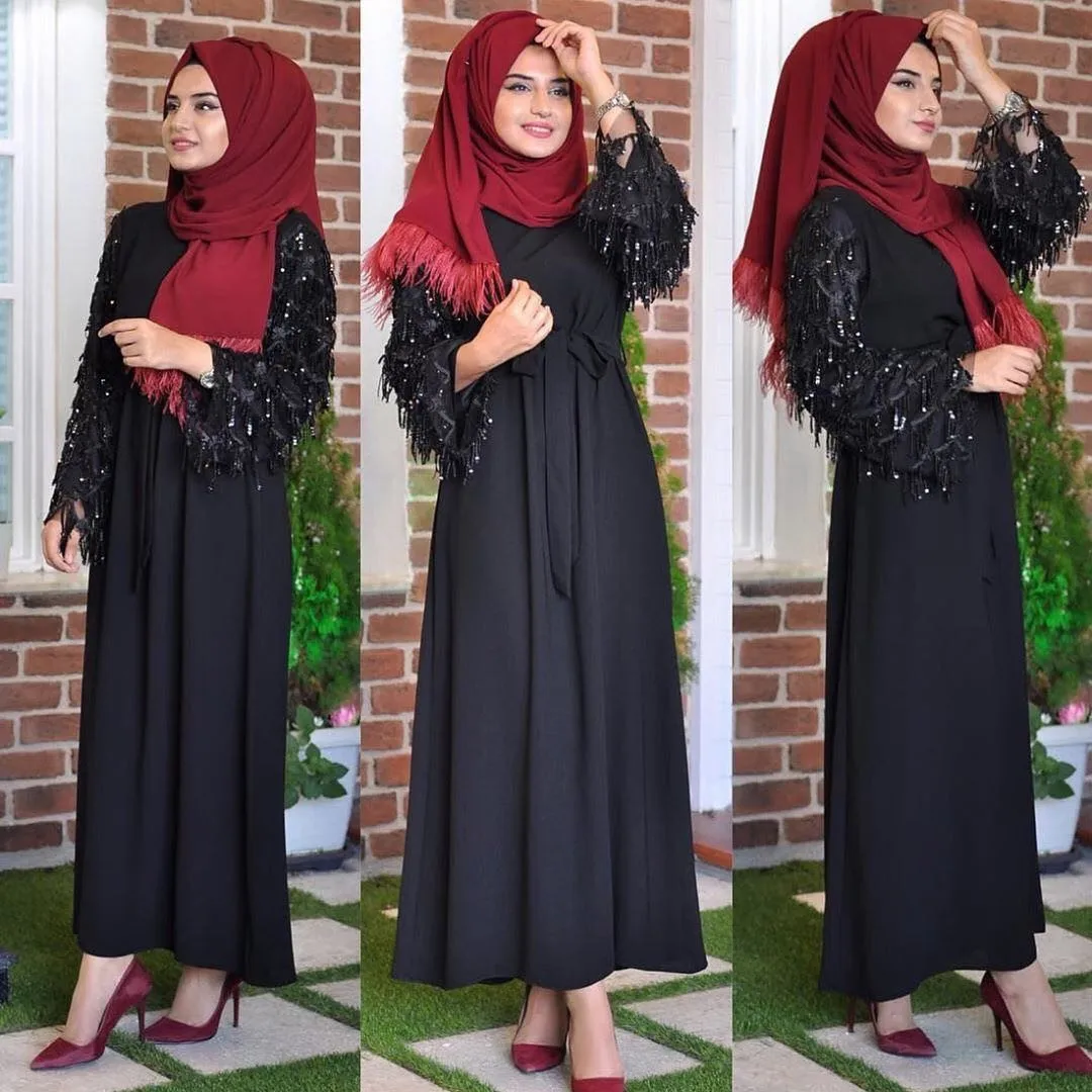 

Dubai Arab Muslim Hijab Dress Women Sequin Tassel Lace-up Big Swing Abaya India Moroccan Kaftan Kaftan Robe Islamic Clothing