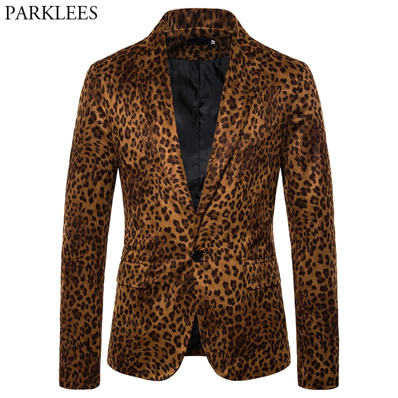 Мужской Роскошный Блейзер с леопардовым принтом приталенный на одной пуговице