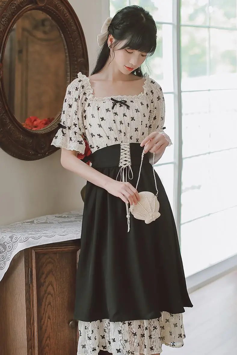 

COIGARSAM French Style Women One-Piece Dress Korean Vintage High Waist Dresses k990