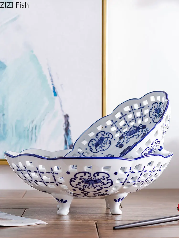 Home Ceramic Bowl Blue and White Porcelain Openwork Plate Tea Table Vegetable Fruit Basket Kitchen Storage Supplies | Дом и сад