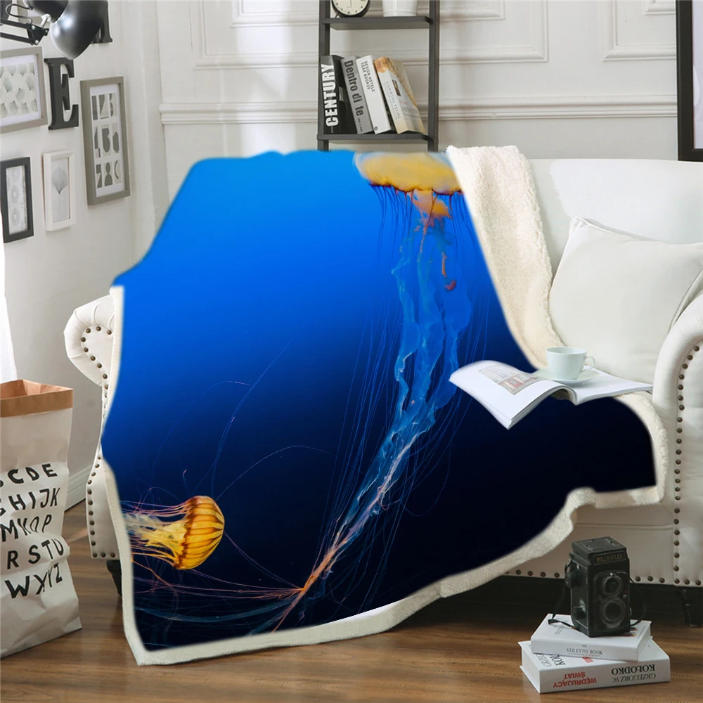 

Colorful Jellyfish Throws Blanket Ocean Art Sea Animal Aquatic Grass Sherpa Blanket for Girls Navy Purple Lightweigh
