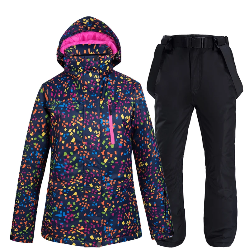 Cheaper Black Ski Suit Set Snowboarding Clothing Girl's Costume Outdoor Sports Waterproof Snow Jackets+Strap Pants Women's