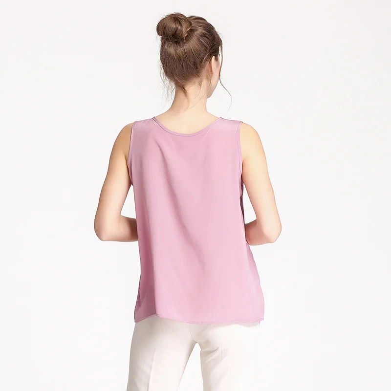 Женская модельная майка из 100% шелка модная прямая футболка без рукавов с круглым