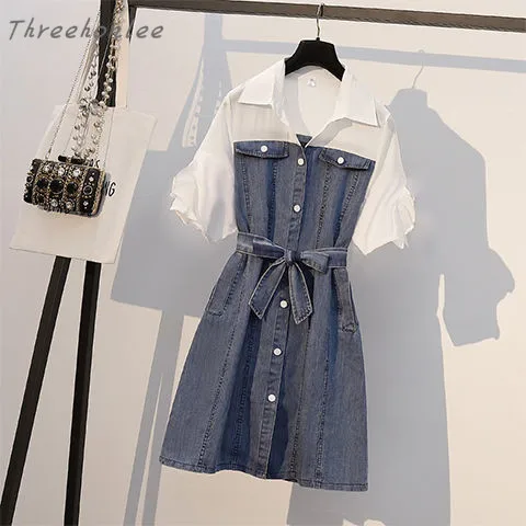 

Plus Size Summer Casual Woman Denim Dresses Patchwork Turn Down Collar Single Breasted Midi Lady Office Korean Dress Vestidos