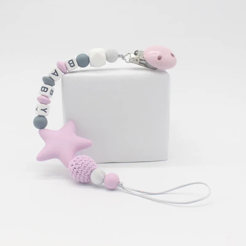 Clip de silicona para chupete de beb&eacute;, cadena de chupete con nombre personalizado para chupete de dentici&oacute;n de beb&eacute;, masticable juguete para Baby shower, DIY-0