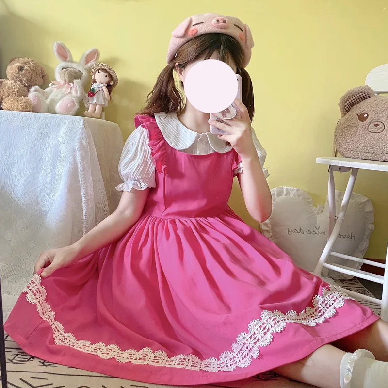 

Japanese Womne Sling Red Blue Pink Lolita Dress Summer Soft Girl Boe Women Princess Spaghetti Strap Sweet Student JK Party Dress