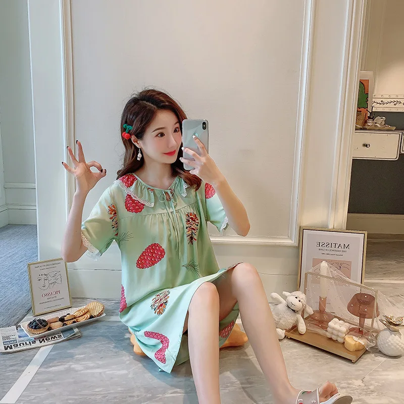 

Women Home Dressing Gown Cotton Soft Print Flower Nightwear Intimate Lingerie Summer New Sleepwear Casual Short Nightgown