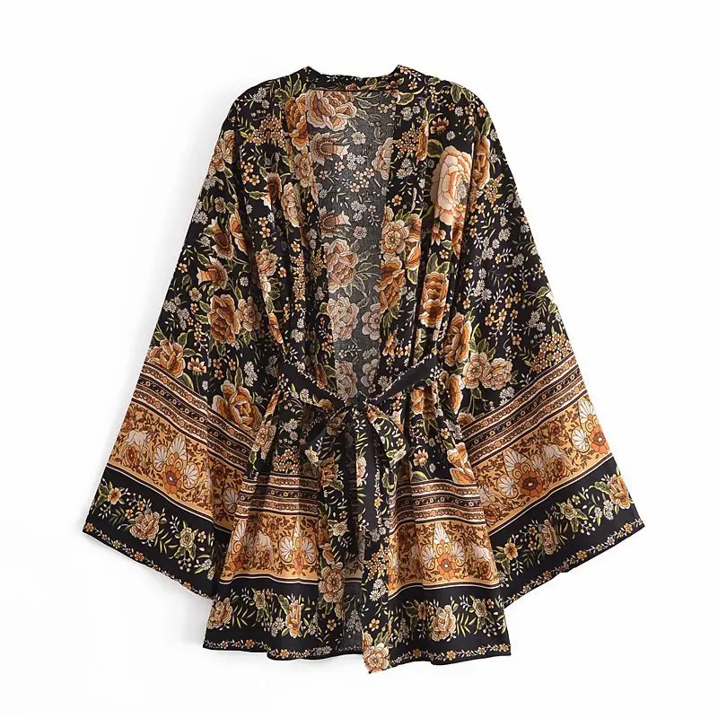 

Boho Vintage Black Floral Print Short Robes Casual Beach Cover Ups Blusas Belt Gypsy Style Hippie Curve Plus Size Women Kimono