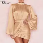 Женское осеннее атласное мини-платье 2022, плиссированное платье с рукавами-фонариками и воротником-стойкой, пикантные вечерние короткие платья с поясом