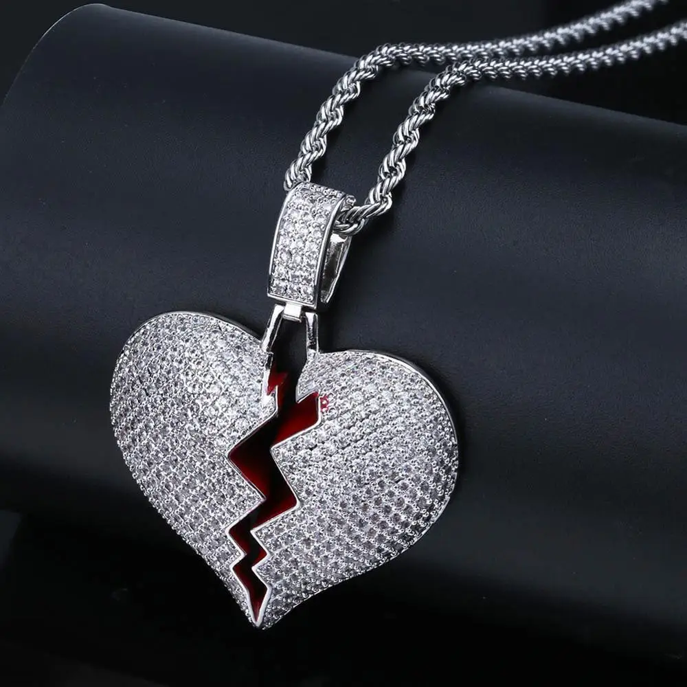 

Micro Paved AAA+ Cubic Zirconia Iced Out Bling Broken Heart Pendants Necklace for Men Hip Hop Fashion Rapper Jewelry Gifts Gold