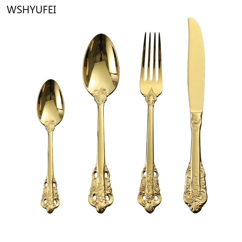 

16Pcs/Set direct sales new stainless steel gold tableware food knife fork spoon carved tableware set high-end cutlery set