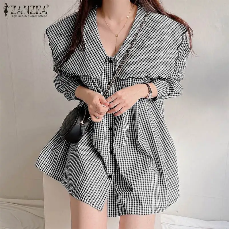 

ZANZEA Fashion Women Lapel Long Sleeve Blouse Oversized Spring Plaid Checked Shirt Casual Buttons Down Blusas Chemise Tunic Tops