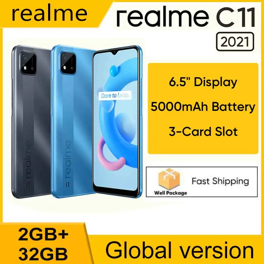 

realme C11 2021 NFC Cellphone Global Version 2GB RAM 32GB ROM 6.5" 8MP AI Camera HD+ 5000mAh Battery Cellphone 3 card slot Phone