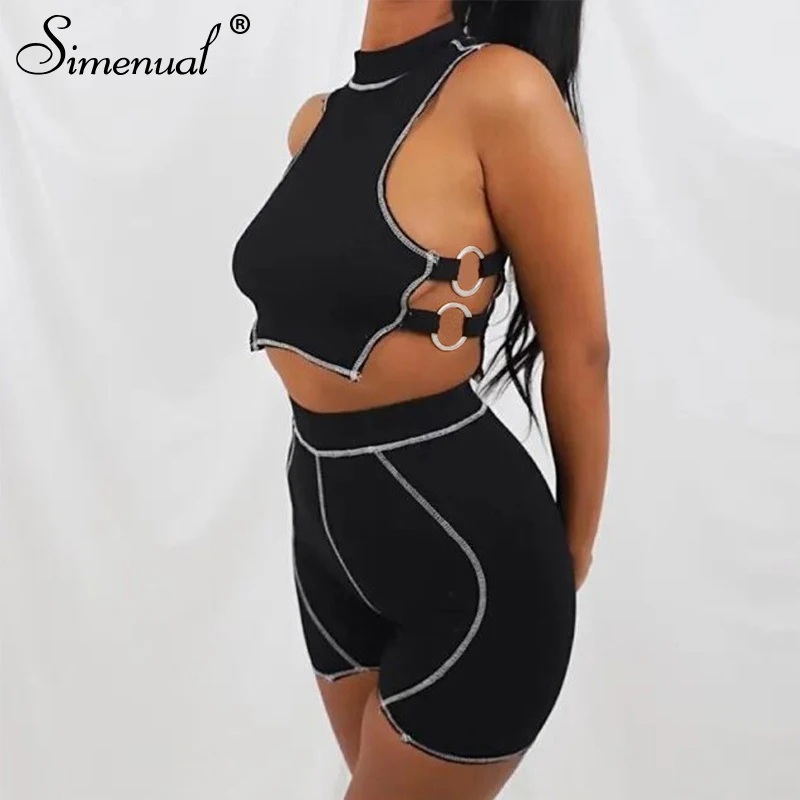 

Simenual Sportswear Top And Biker Shorts Set For Women Knit Ribbed 2 Piece Outfits Hoop Streetwear Fitness Fashion Co-ord Sets