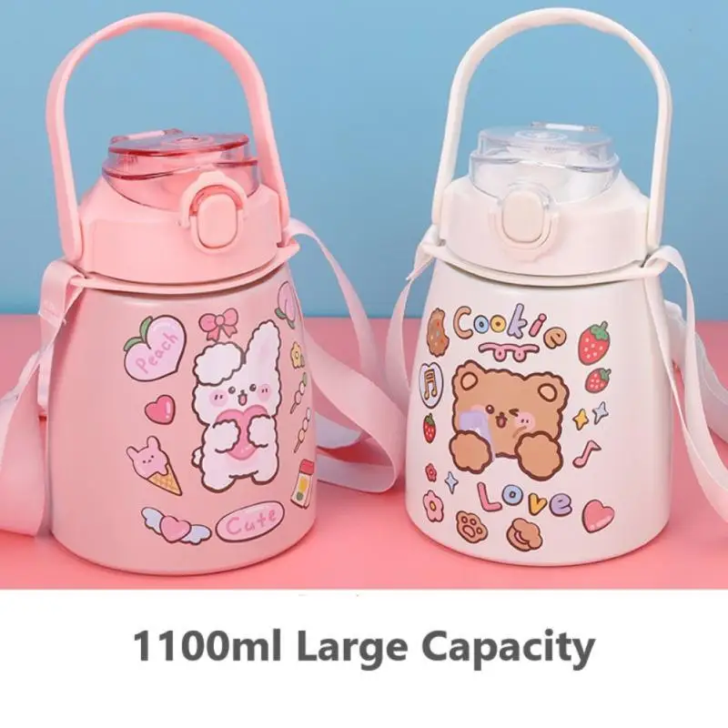

1.1L Children's Cartoon Water Cup Creative Cartoon Straw Feeding Cup And Straw Waterproof Bottle Outdoor Portable Children Cup