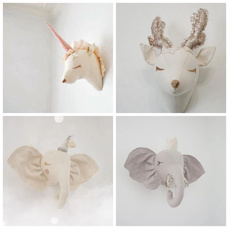 

Baby Girl Room Decor Elephant Unicorn Plush Toys Animal Heads Wall Decoration For Children Nursery Room Decoration Soft Install