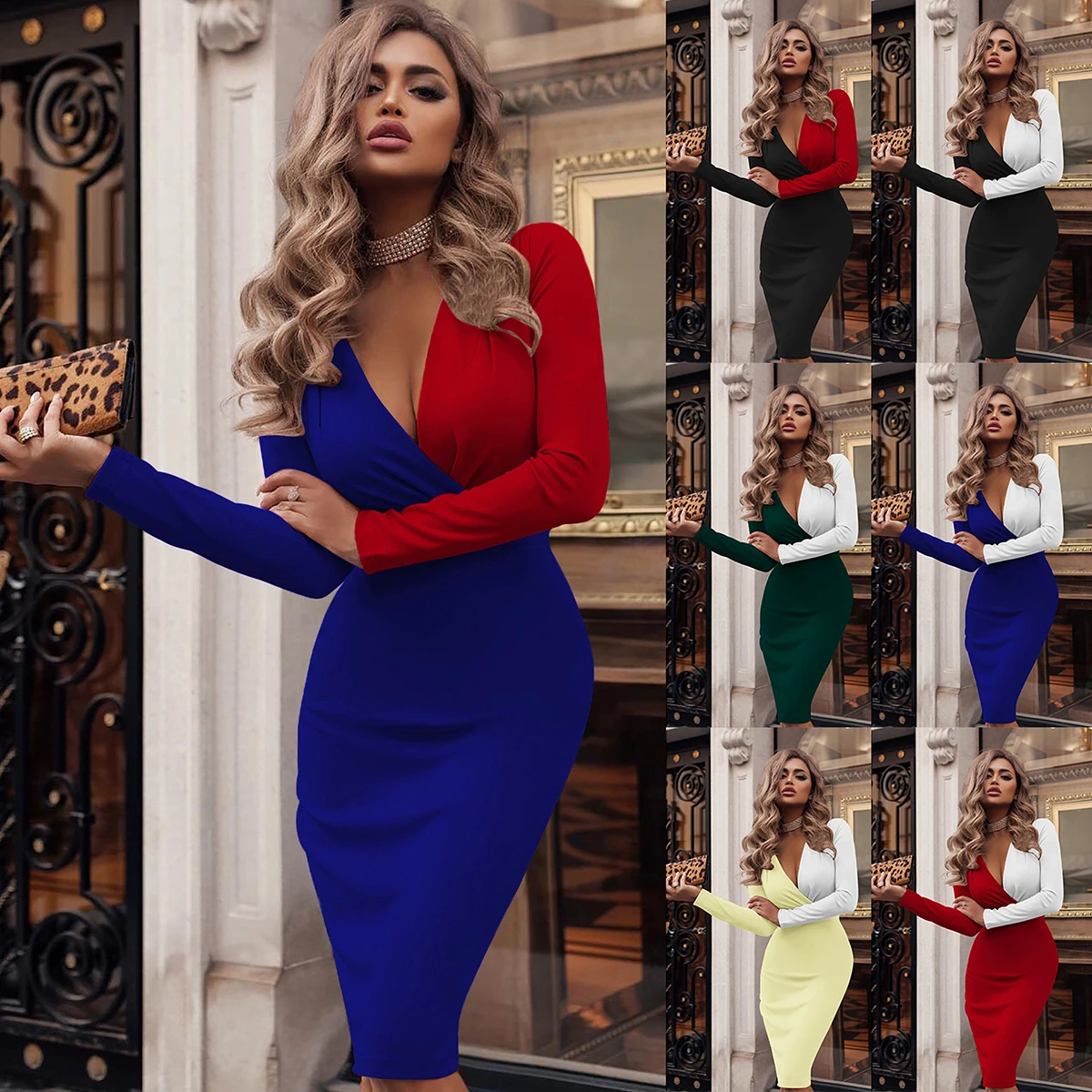 

Stitched Color Dress Sexy V Neck Slim Waist Dress Long Sleeve Casual Party Prom Midi Dresses Bridesmaid Evening Ladies