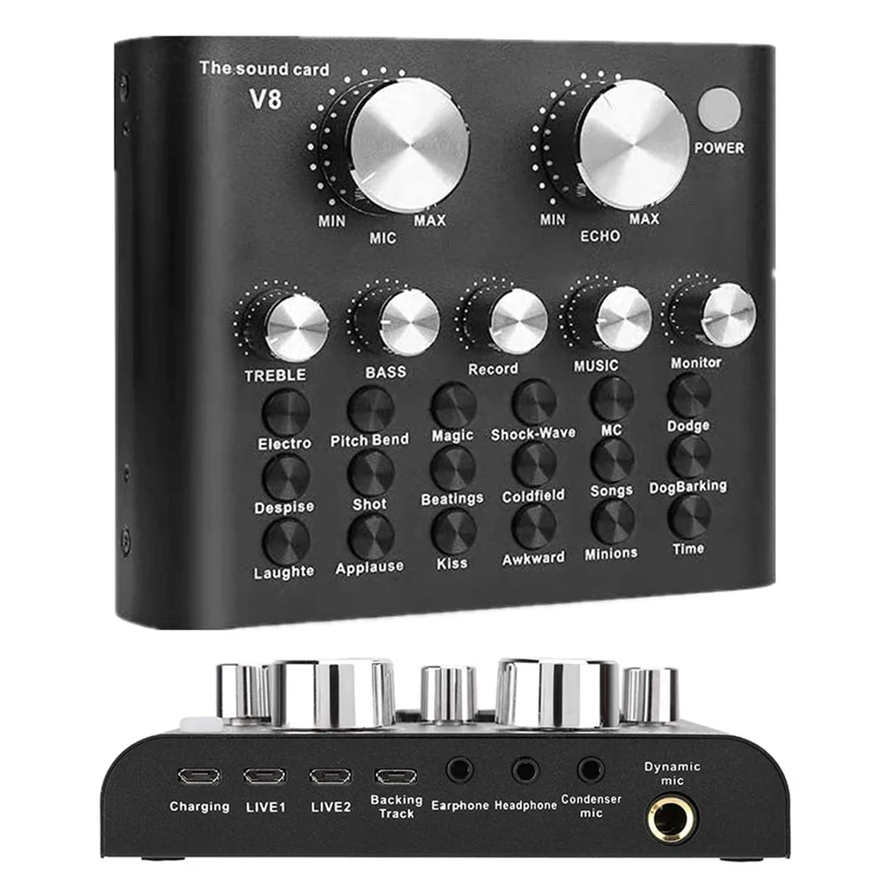 

Professional Live Sing Mixing Console V8 Sound Card Audio Interface for Phone Computer Recording Microphone External Sound Card