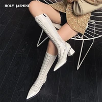 classic brogue long boots night club shoes woman genuine leather high heels women knee high boots punk motorcycle boots 2020 new