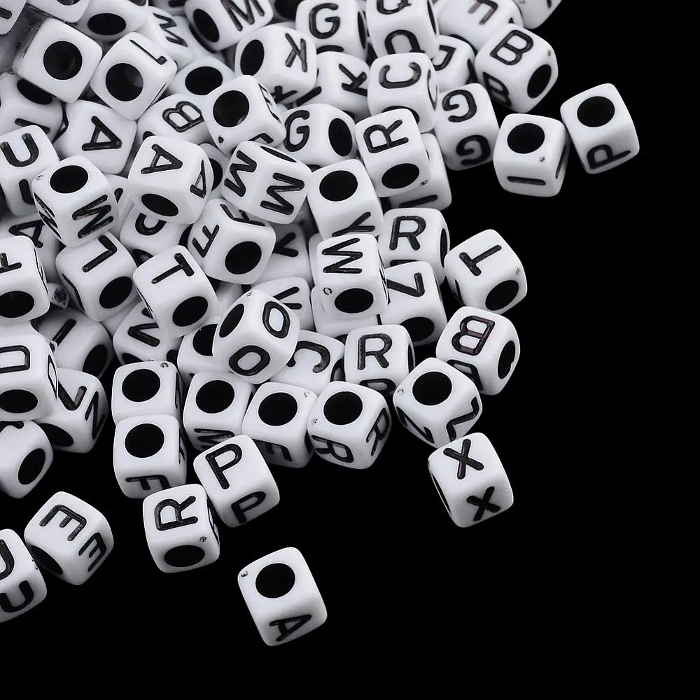 

500g Opaque Acrylic Beads Mixed Letters Cube with Letter Black 6x6x6mm Hole: 3~3.5mm about 2700PCS /500g