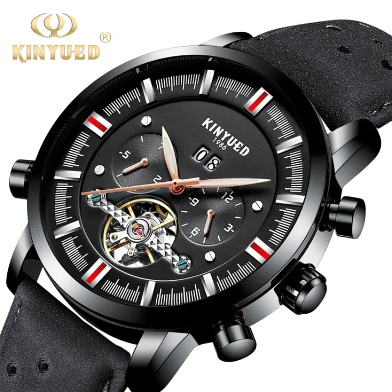 

KINYUED Swiss Men's Leather Breathable Strap Watch with Month Display Function Fully Automatic Male Mechanical Watches