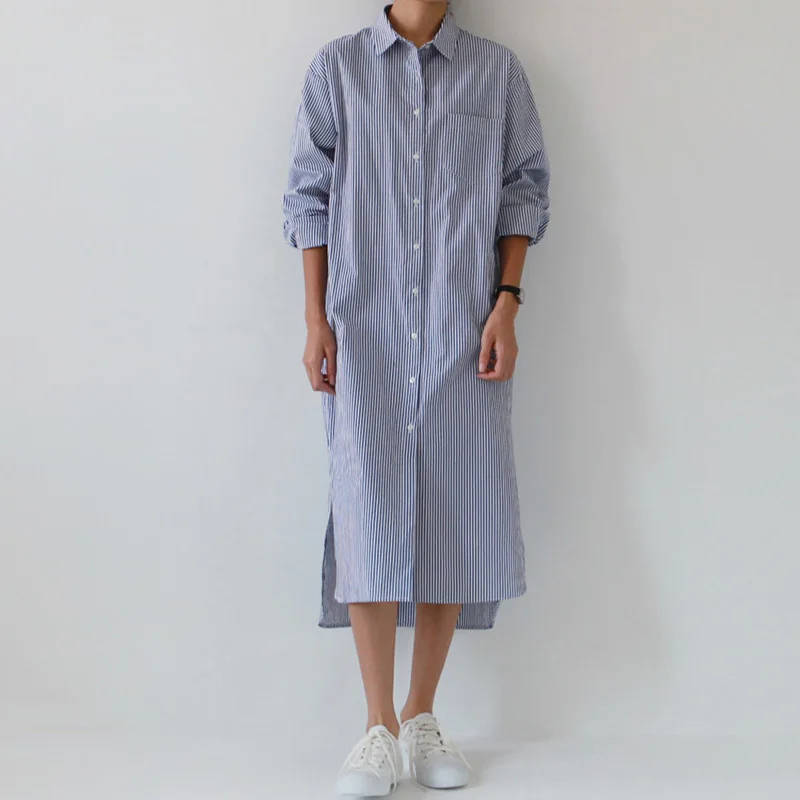 Женское платье-рубашка в полоску синее винтажное платье миди с отложным