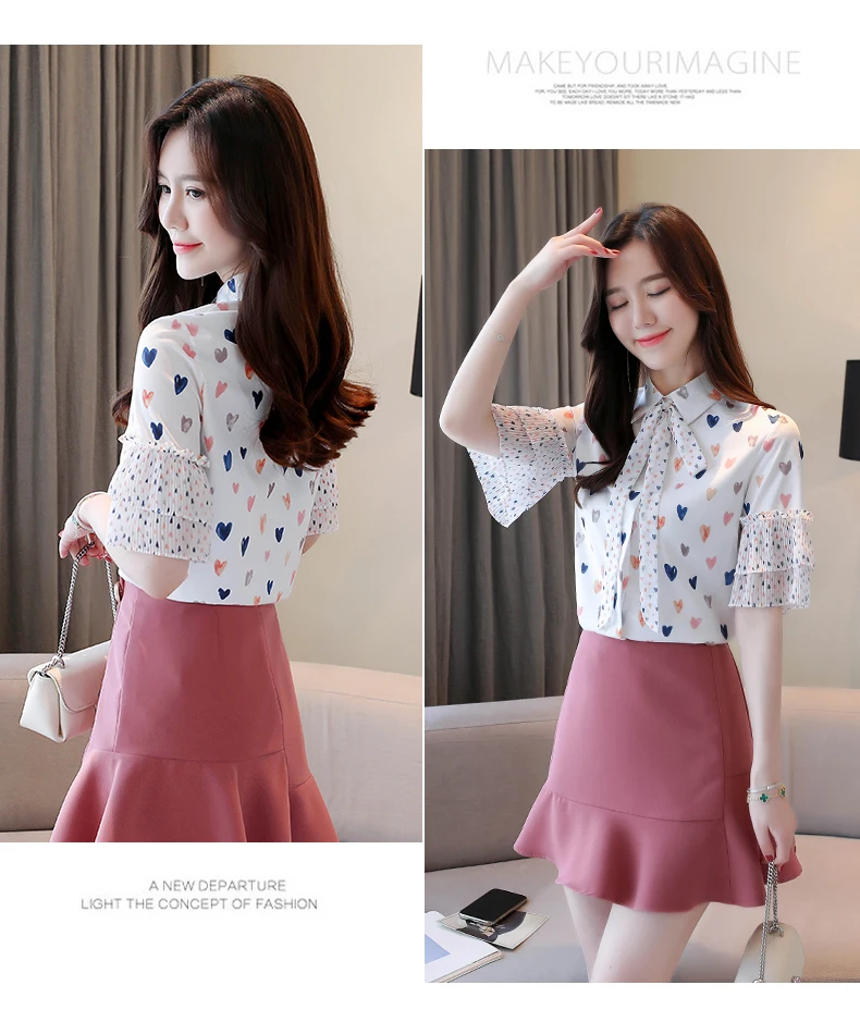 

Houthion Chiffon Women's Blouses Fashion Blouse Printed Silk Shirt Casual Short Sleeve Top New Clothing Office Lady Button