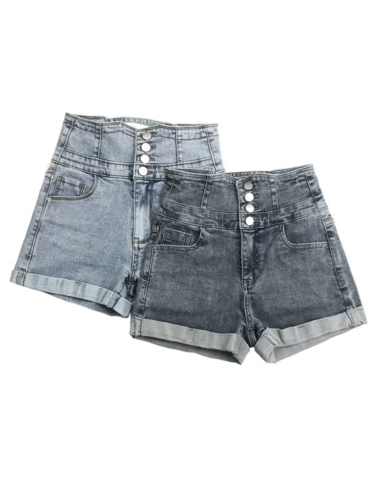 

High waisted denim shorts women's new summer wear thin elastic slim fit abdomen A-line roll edge wide leg hot pants