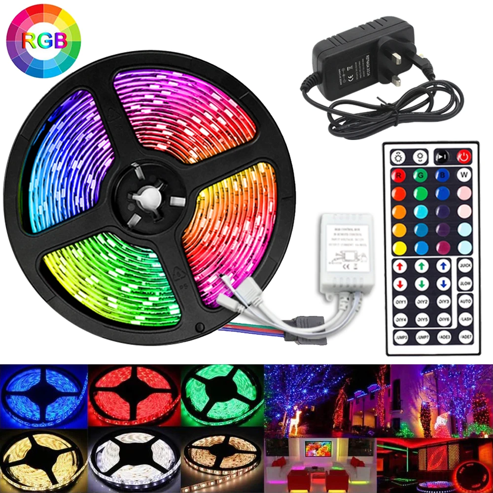 

Гибкая Водонепроницаемая светодиодная лента SMD 5050 RGB, 5 м, 12 В, пульт дистанционного управления на 44 кнопки, адаптер питания 3 А для дома, Рожде...