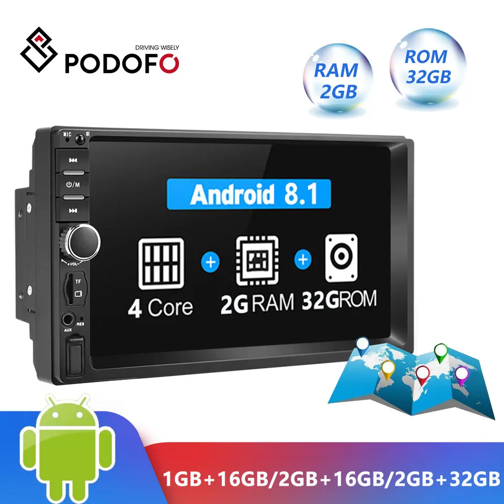 Podofo Android 8,1 2 Din автомобильное радио ram 2GB+ rom 32GB Android 7 ''2Din Универсальное автомобильное радио Авторадио gps мультимедийный блок плеер