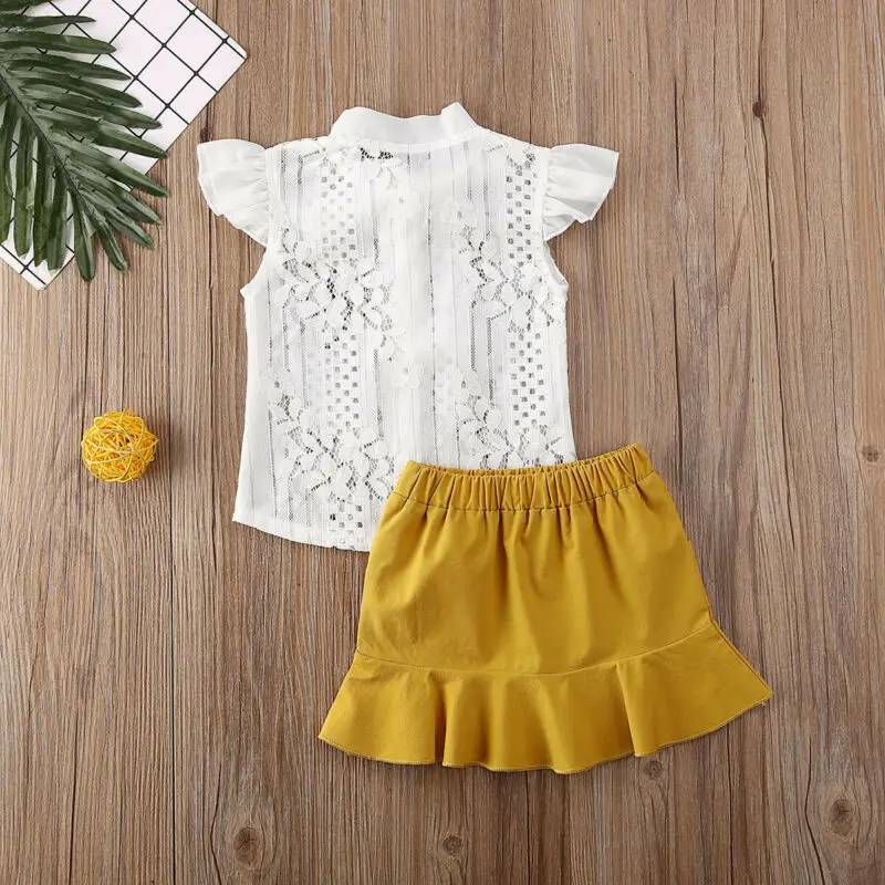 

2020 Infant Toddler Kids Baby Girl Clothes Sets Ruffles Sleeve Pageant Lace T-shirt Top Ruffles Skirt Outfits Clothes 2PCS