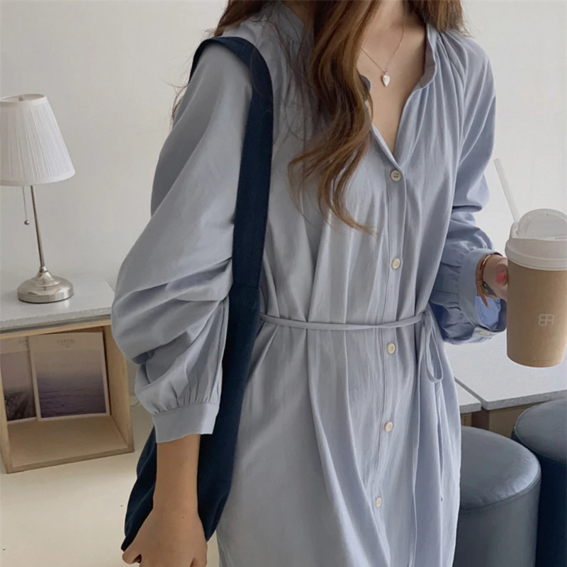 

Colorfaith New 2021 Women's Spring Summer Shirt Dresses Fashionable Korean Style Oversize Elegant Lace Up Long Dress DR1817