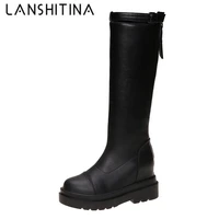 new leather winter boots women fashion long boots buckle square heels knee high boots woman waterproof platform shoes female 7cm